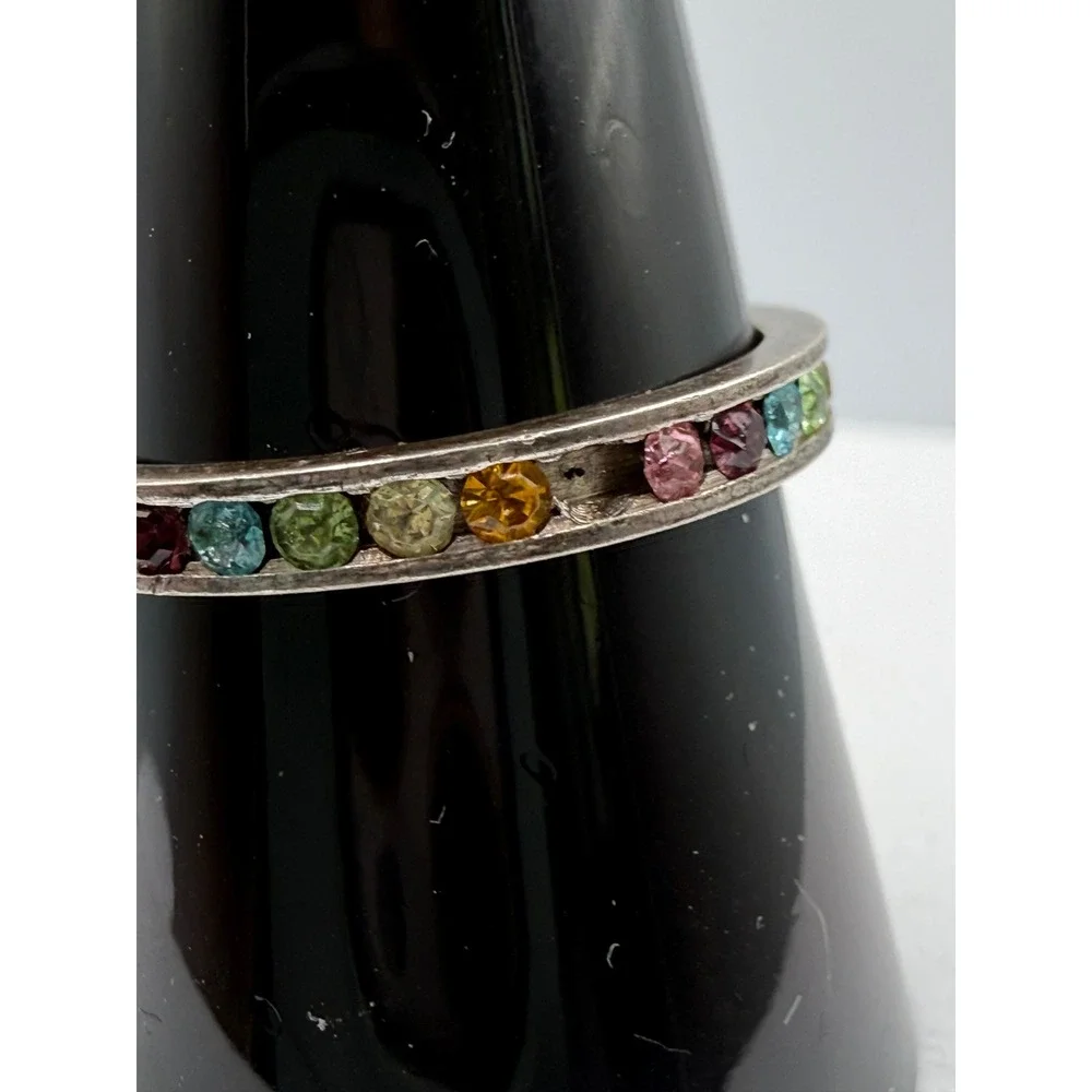 NF 925 Sterling Silver Multi‎ Color Rainbow Gemstone Eternity Band Ring Size 9
